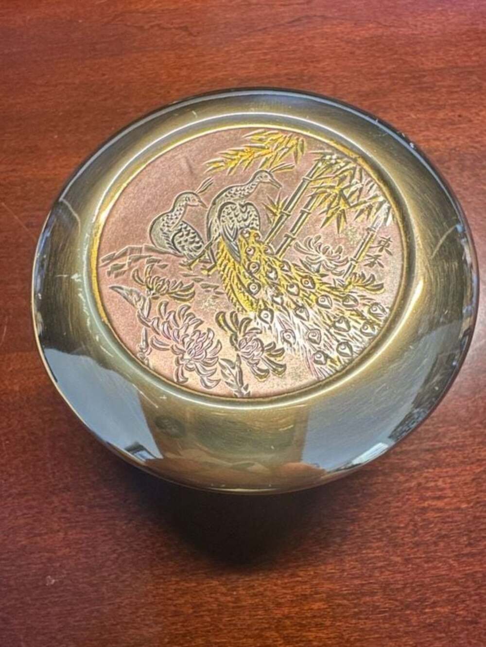 Vintage The Art of Chokin Porcelain Trinket Box with Gold Trim and Peacock Desig